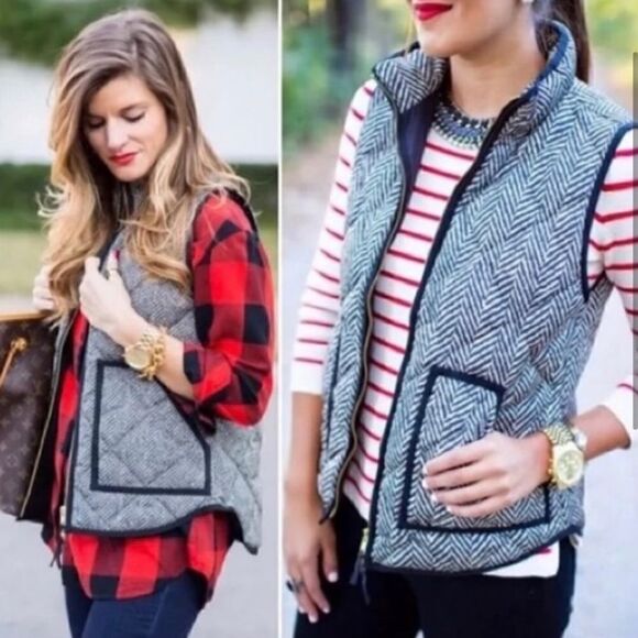 J Crew Excursion Quilted Puffer Vest Black Ivory Herringbone - Picture 14 of 14